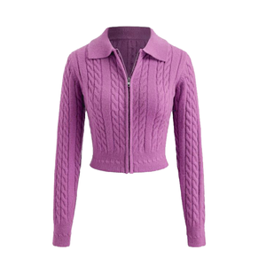 Women Knit <b>Cardigan</b> Blue Casual Long Sleeve Lapel Neck <b>Zip</b> <b>Up</b> Autumn Top Selling Fashion Lady Cropped Cable Sweater Outerwear - Product Image 4