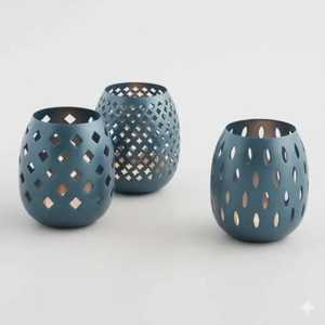 Modern Blue Ceramic Tealight Holder Hollow Out Lattice Pattern Candle <b>Lantern</b> <b>Set</b> for Living Room Tabletop Skies Trader Latest - Product Image 1