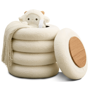 Modern Round Sherpa Footstool Teddy Vanity <b>Stool</b> with Flip Top Tray Upholstered Makeup Chair for Home Decor <b>Storage</b> Ottoman - Product Image 1