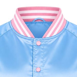 เสื้อแจ็คเก็ตผ้าซาตินสีน้ำเงินและชมพู แต่งขอบตัดสีพร้อมลายตัวอักษร  แบบเบสบอล ติดกระดุม น้ำหนักเบา สวมใส่สบาย - Product Image 4