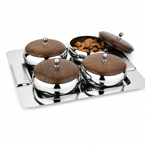 Ensemble de bols à dattes de luxe en acier inoxydable avec couvercle en bois et plateau de service, boîte à fruits secs et noix en métal pour la décoration du Ramadan, vente en gros - Product Image 1