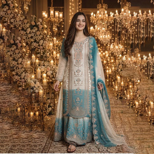 Beautiful Blue White Traditional Sharara Suit Floral Satin Lawn Fabric Indian Pakistani Summer Wedding Diwali Winter Party - Product Image 1