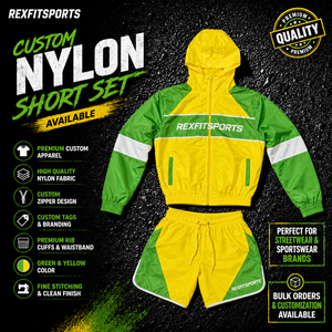 ชุดแจ็คเก็ตและกางเกงขาสั้นกันลมไนลอนสีเขียวเหลืองแบบกำหนดเอง REXFIT SPORTS 2026 แบรนด์ส่วนตัว เสื้อผ้าสตรีทแวร์ ชุดกีฬา เสื้อผ้าสตรีทแวร์สำหรับทุกเพศ - Product Image 1