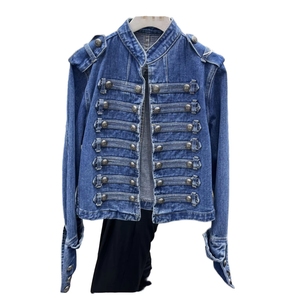 Blouson moto en jean tricoté boutonné pour femme, style vintage, respirant, écologique, col montant uni, coupe ajustée, décontracté rétro, automne - Product Image 1