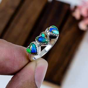 Handmade Triple Heart <b>Ring</b> Ice Green Turquoise Sterling <b>Silver</b> Boho <b>Statement</b> Jewelry Gift for Her - Product Image 2