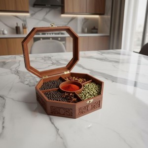 Caja de especias octogonal hecha a mano de madera de Sheesham, organizador de masala con tapa de vidrio - Product Image 2