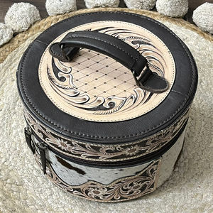 New Luxury Western Hand <b>Tooled</b> <b>Leather</b> Round Makeup Case Genuine Cowhide <b>Leather</b> Jewelry & Cosmetic Travel Storage Organizer - Product Image 4