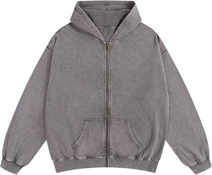100% Cotton Acid Wash <b>Zip</b> Hoodie 410gsm Heavyweight Men's Vintage Full <b>Zip</b> <b>Hooded</b> Sweatshirt Winter Streetwear Customizable - Product Image 1