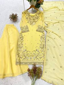 Yellow Cotton Embroidered <b>Kurta</b> Set With Dupatta Traditional Indian Pakistani <b>Women's</b> Casual Wear Floor-Length Loose Fit - Product Image 5