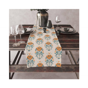 Make A Statement With 100% Cotton Embroidered Tribal Cream Abstract Table <b>Runner</b> 220 GSM 108 Inch India GOTS Certified OEM Decor - Product Image 1