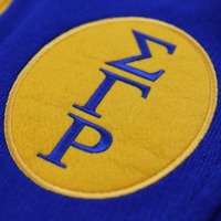 Suéter Cárdigan Casual de Mohair para Invierno SGRho, Azul Rey Dorado, Sigma Gamma Rho HBCU, Sororidad Griega, Chenille Griega, Tejido Frontal