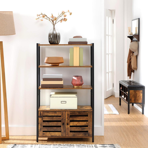 Bibliothèque de style industriel avec 3 étagères et 2 portes battantes en métal, armoire de rangement en bois pour salon, chambre et bureau - Product Image 2