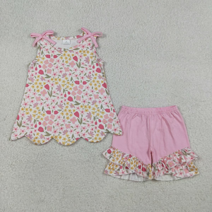 Ensemble d'été pour bébés filles, hauts sans manches à fleurs et à volants, short rose à volants - Product Image 2