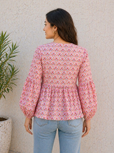 Blusa Peplum de Algodón Estampada a Mano para Mujer al por Mayor, Top Floral Rosa de Manga Larga, Túnica Boho, Top Casual de Moda para Boutique, OEM - Product Image 4