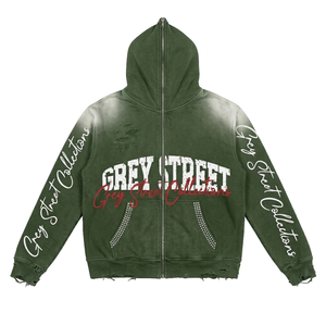 Sweat à capuche zippé pour homme 100% Coton, style vintage, délavé à l'acide, doublure satinée, effet vieilli, grammage lourd 500 g/m², délavé à la pierre, vente en gros - Product Image 1
