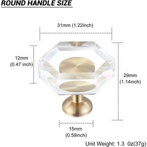 Juego de 6 tiradores modernos de latón de 1 5/16 pulgadas con base de cristal, herrajes dorados para gabinetes, tiradores hexagonales para muebles de cocina y baño - Product Image 3