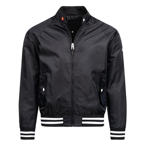 Blouson bomber noir pour homme, fermeture éclair, style aviateur, manches à rayures contrastées, poches à pression, fabrication sur mesure OEM - Product Image 1