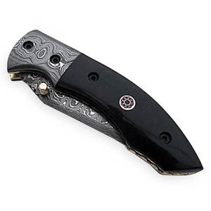 Cuchillo Plegable de Acero de Damasco Hecho a Mano, Hoja de Punta Caída, Mango Negro con Funda de Cuero, Cuchillo de Supervivencia para Exteriores - Product Image 5