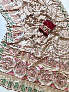 Elegant Hand Dyed Kashmiri Silk Saree with Floral Jaal Weaving & Contrast Blouse - Product Image 2