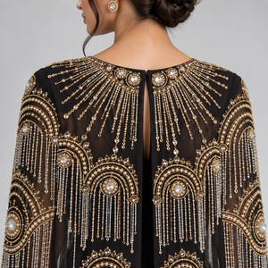 Midnight Black Modern Satin <b>Cape</b> Gown for <b>Women</b> Antique Gold Embroidery Crystal Fringe Detailing Elegant Floor Length Silhouette - Product Image 5