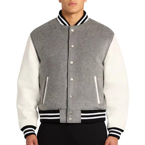 Top Quality Custom Men's Varsity <b>Jacket</b> With Leather Sleeves Winter Men's <b>Jackets</b> Custom logo Grey <b>White</b> Colour - Product Image 4