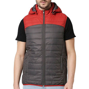Vestes matelassées sans manches à capuche pour hommes, rouge et gris, fermeture éclair, coupe-vent, vêtements d'hiver décontractés, rembourrage en polyester - Product Image 1
