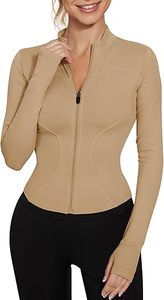 Women's Beige Full Sleeve Zipper Stand Collar <b>Turtleneck</b> <b>Top</b> Breathable Spandex Polyester Solid Color Skinny Fit Sportswear - Product Image 3