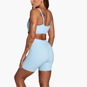 Conjunto Deportivo de 2 Piezas para Mujer, Color Sólido, Shorts de Cintura Alta y Sujetador Deportivo Cruzado, Ropa Deportiva para Gimnasio y Yoga - Product Image 6