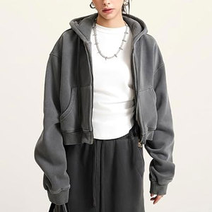 <b>Women</b>’s Cropped Zip Up Hoodie Acid Wash Fleece Sweatshirt, Vintage Distressed Washed Hooded <b>Jackets</b> Embroidery DTG DTF Printing - Product Image 2