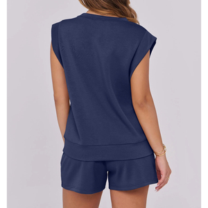 Two Piece Short Sets Loose Casual Solid Color Women's Sets 100% Cotton Round Neck Oversized T-Shirt and Short 2 Piece Set Women - Product Image 5