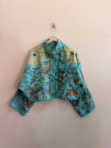 Hand Embroidered Floral Quilted Cotton <b>Jacket</b> <b>Mandarin</b> <b>Collar</b> Three Quarter Sleeves Short Length Boho Style Winter Spring Summer - Product Image 1
