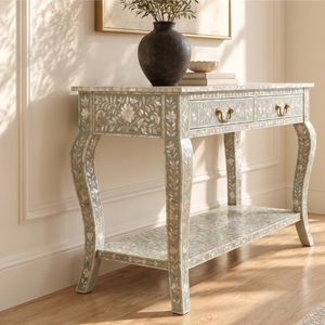 Mesa consola de lujo hecha a mano para recibidor, mueble tradicional de la Rajastán con incrustaciones de hueso, diseño de mesa consola con incrustaciones de nácar. - Product Image 4