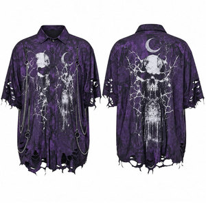 <b>Men's</b> Pink Gothic Short Sleeve Shirt With <b>Cross</b> Wings Print <b>Chains</b> Ripped Hem Casual Style Summer Wear Gothic Shirts - Product Image 4