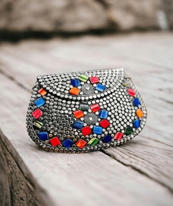 Indian Handicraft <b>Silver</b>-Plated Rectangle Metal Handmade <b>Clutch</b> Mosaic Bag for Women Party Use Multicolor F S INTERNATIONAL - Product Image 3