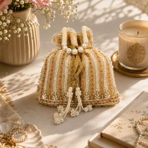 Sac de soirée brodé à la main avec poignée dorée et perlée, sac Potli fait main - Product Image 4