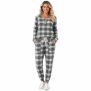 Women Tracksuit <b>Set</b> Plaid Cotton Blend Henley Top <b>Jogger</b> Pants Utility Pockets Casual Loungewear Custom Logo Wholesale Supplier - Product Image 1