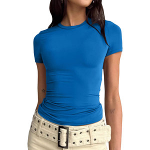 T-shirt en coton pour femme, couleur bordeaux, manches courtes, col rond, coupe ajustée, décontracté, couleur unie, à porter toute l'année - Product Image 4