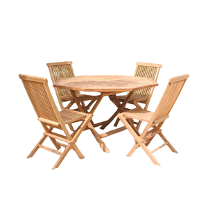 Ensemble de jardin en teck, table ronde avec 4 chaises pliantes, mobilier de salle à manger d'extérieur, style rustique, construction en bois massif - Product Image 3