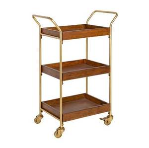 Chariot de service hôtelier moderne du milieu du siècle à 3 niveaux en bois avec cadre finition laiton et 4 roulettes pivotantes – Mobilier commercial durable - Product Image 1