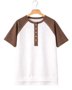 Camiseta Henley de Manga Corta para Mujer, Blanca y Marrón, Mezcla de Algodón, Estilo Casual de Verano, Cómoda, Moderna y Ligera - Product Image 1