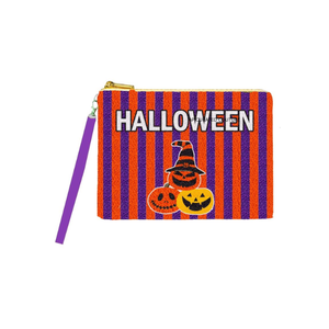 Monedero de Halloween a rayas con calabazas y sombrero de bruja, cartera con cremallera, correa de muñeca, tamaño mini, monedero de cuentas personalizado, moderno - Product Image 1