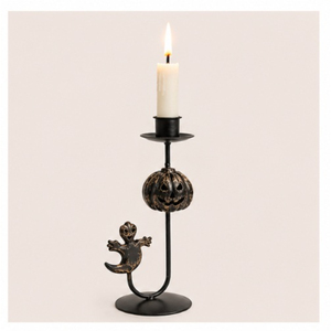 Porte-bougie d'Halloween en fer, motif citrouille et silhouette de fantôme, style vintage noir mat, centre de table pour maison hantée - Product Image 1