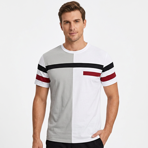 Men's Contrast <b>Trim</b> Color Blocked Short Sleeve O-Neck Front Casual T-Shirt Striped Pattern Breathable Regular Fit Knitted <b>Fabric</b> - Product Image 6