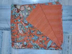 Handmade Kantha Quilt Reversible Cotton Blanket Orange Yellow Multi Color <b>Bedspread</b> Home Decor Gift for Her - Product Image 3