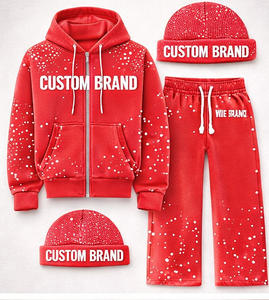 Conjunto de Sudadera con Capucha y Pantalones Deportivos de Forro Polar 100% Algodón Transpirable para Invierno, Color Rosa con Pedrería, con Cremallera, y Gorro a Juego, Estilo Urbano para Hombre - Product Image 2