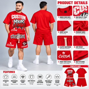 ชุดเซ็ตเสื้อยืดสีขาวลายกราฟิกกับกางเกงขาสั้นสีแดงสำหรับผู้ชาย รับผลิตตามแบบ พิมพ์โลโก้ได้ ชุดสตรีทแวร์ ผู้ผลิต OEM ขายส่ง พิมพ์ลายตามสั่ง - Product Image 6