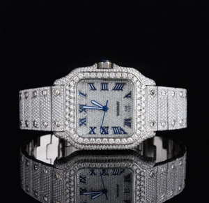 Luxury Vintage Stainless Steel Iced VVS Moissanite Automatic Watch Full Diamond Square <b>Case</b> Roman Numerals Blue Hands Hip Hop - Product Image 1