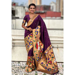 Sari en soie Paithani avec bordure large Zari tissée, concept vin et demi-couleur, vêtement indien/pakistanais, 700g Elite Weaves - Product Image 5