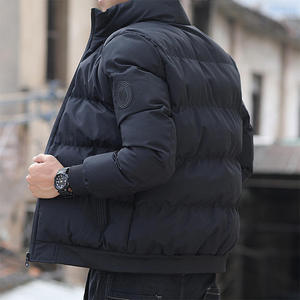 Men's Winter Puffer Jacket Stand Collar Zipper Closure Solid Color Thick Polyester Wadding Casual Style Patch Design Left Sleeve - Product Image 3