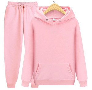 Ensemble survêtement rose à capuche pour femme, couleur unie, décontracté, pantalon long à cordon de serrage, 100 % coton, pour l'automne - Product Image 1